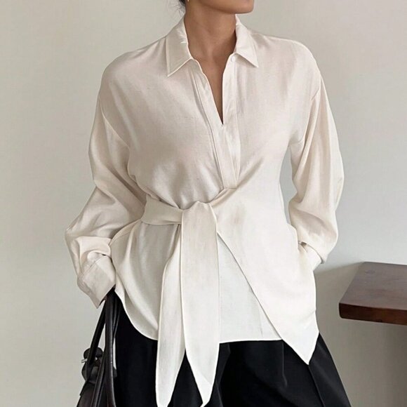 Plus Size White Casual Women's Long Sleeve Turndown Collar Shirt - Picture 6 of 9